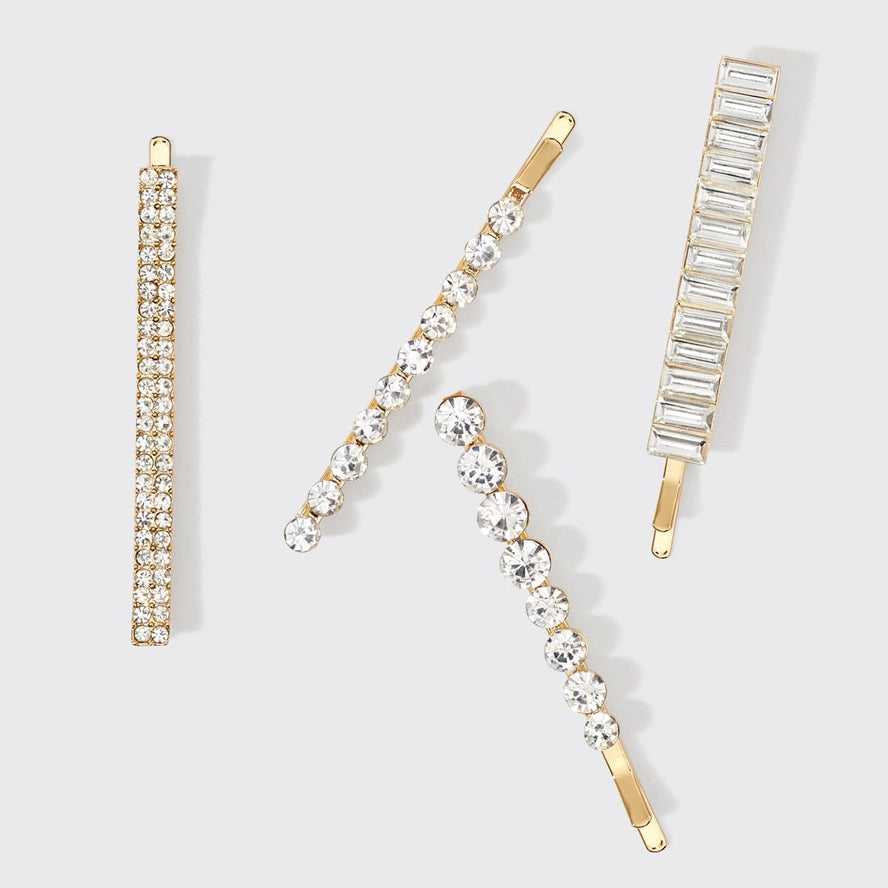 Metal Rhinestone Assorted Bobby Pins 4pc Set-Gold
